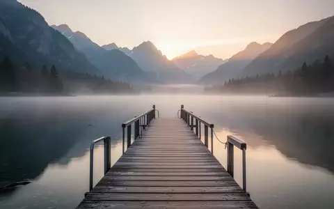 Ein einsamer Holzsteg an einem ruhigen Bergsee im sanften Licht der Morgendämmerung. - Foto: über boerse-global.de