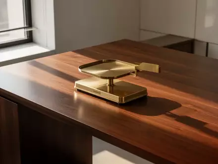 Eine Messingwaage auf einem dunklen Holztisch in einem minimalistischen Büro bei natürlichem Licht. - Foto: über boerse-global.de