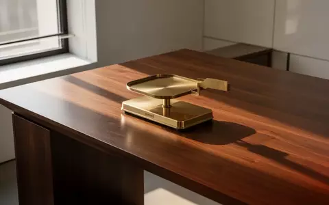 Eine Messingwaage auf einem dunklen Holztisch in einem minimalistischen Büro bei natürlichem Licht. - Foto: über boerse-global.de