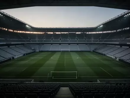 Ein leeres, professionelles Fußballstadion in der frühen Morgendämmerung bei natürlichem Licht. - Foto: über boerse-global.de