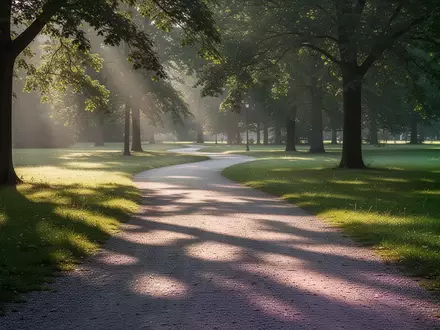Ein sonnendurchfluteter, gewundener Spazierweg in einem ruhigen Park am frühen Morgen. - Foto: über boerse-global.de