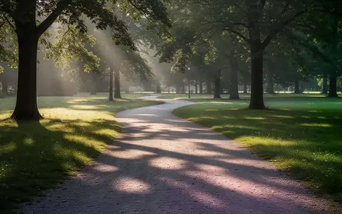 Ein sonnendurchfluteter, gewundener Spazierweg in einem ruhigen Park am frühen Morgen. - Foto: über boerse-global.de