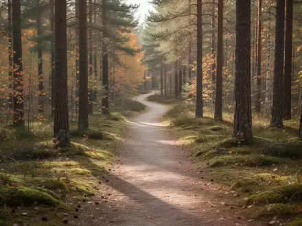 Ein ruhiger, von Sonnenlicht durchfluteter Waldweg im Herbst, der zu sanfter Bewegung in der Natur einlädt. - Foto: über boerse-global.de