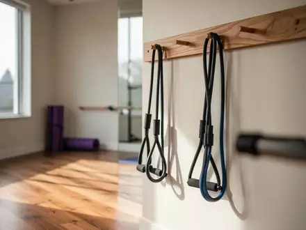 Ein minimalistischer Physiotherapieraum mit hängenden elastischen Widerstandsbändern an einer Holzwand. - Foto: über boerse-global.de
