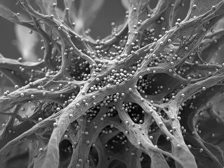 Mikroskopische Aufnahme einer pflanzlichen Zellstruktur, die mit winzigen metallischen Nanopartikeln durchsetzt ist. - Foto: über boerse-global.de