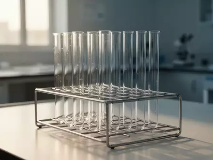Leere Reagenzgläser in einem Metallständer auf einem Labortisch bei natürlichem Tageslicht. - Foto: über boerse-global.de