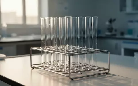 Leere Reagenzgläser in einem Metallständer auf einem Labortisch bei natürlichem Tageslicht. - Foto: über boerse-global.de