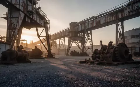 Leere Industrielandschaft mit schweren Stahlkomponenten und Maschinenbauteilen in der Morgendämmerung. - Foto: über boerse-global.de