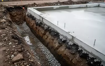Eine Nahaufnahme einer Baugrube mit Erdaushub neben einem leeren, sauberen Betonfundament auf einer Baustelle. - Foto: über boerse-global.de