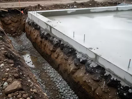 Eine Nahaufnahme einer Baugrube mit Erdaushub neben einem leeren, sauberen Betonfundament auf einer Baustelle. - Foto: über boerse-global.de