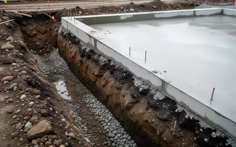 Eine Nahaufnahme einer Baugrube mit Erdaushub neben einem leeren, sauberen Betonfundament auf einer Baustelle. - Foto: über boerse-global.de