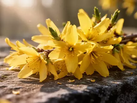 Nahaufnahme von frischen Forsythienblüten auf einem rustikalen Steinhintergrund bei natürlichem Sonnenlicht. - Foto: über boerse-global.de