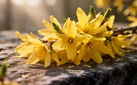 Nahaufnahme von frischen Forsythienblüten auf einem rustikalen Steinhintergrund bei natürlichem Sonnenlicht. - Foto: über boerse-global.de
