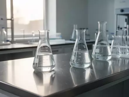 Ein minimalistisches, steriles Laborumfeld mit Glasgefäßen auf einer Edelstahloberfläche in natürlichem Licht. - Foto: über boerse-global.de