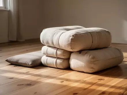 Ein minimalistischer, sonnendurchfluteter Raum mit Yoga-Bolstern und einem Meditationskissen auf einem Holzboden. - Foto: über boerse-global.de