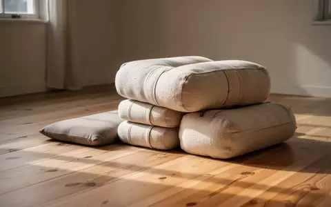 Ein minimalistischer, sonnendurchfluteter Raum mit Yoga-Bolstern und einem Meditationskissen auf einem Holzboden. - Foto: über boerse-global.de