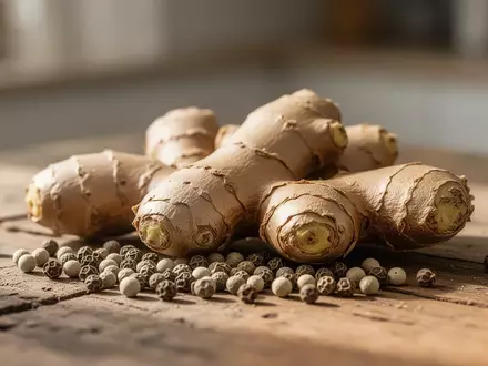 Frische Ingwerwurzeln und weiße Pfefferkörner auf einem hölzernen Untergrund bei natürlichem Licht. - Foto: über boerse-global.de