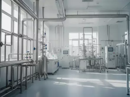 Ein steriles, modernes Labor mit Edelstahleinrichtungen und industrieller Syntheseausrüstung in einer klinischen Umgebung. - Foto: über boerse-global.de