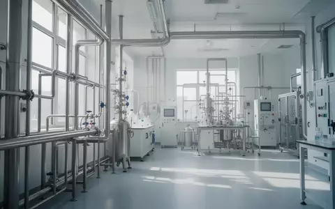 Ein steriles, modernes Labor mit Edelstahleinrichtungen und industrieller Syntheseausrüstung in einer klinischen Umgebung. - Foto: über boerse-global.de