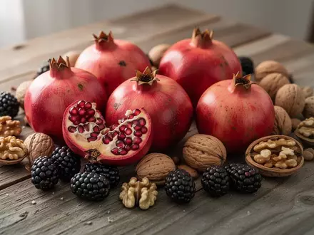 Nahaufnahme von frischen Granatäpfeln, Walnüssen und Brombeeren auf einem Holztisch bei natürlichem Licht. - Foto: über boerse-global.de
