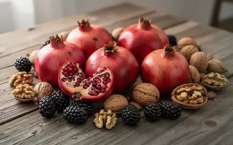 Nahaufnahme von frischen Granatäpfeln, Walnüssen und Brombeeren auf einem Holztisch bei natürlichem Licht. - Foto: über boerse-global.de