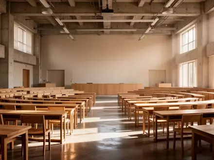 Ein heller, minimalistischer Hörsaal mit leeren Holztischen und Stühlen in einer Universität bei natürlichem Lichteinfall. - Foto: über boerse-global.de