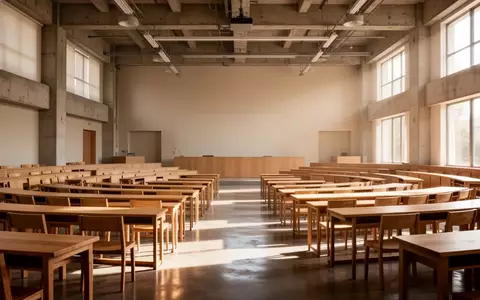 Ein heller, minimalistischer Hörsaal mit leeren Holztischen und Stühlen in einer Universität bei natürlichem Lichteinfall. - Foto: über boerse-global.de