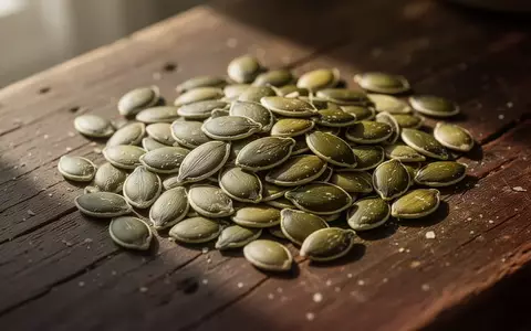 Nahaufnahme von Kürbiskernen auf einer dunklen Holzoberfläche im natürlichen Licht - Foto: über boerse-global.de