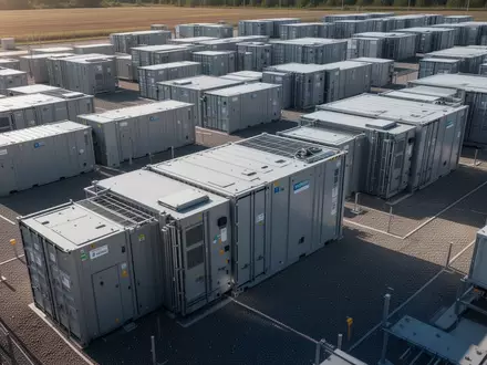 Moderne industrielle Batteriespeicher in einer Außenanlage bei Tageslicht. - Foto: über boerse-global.de