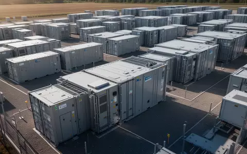 Moderne industrielle Batteriespeicher in einer Außenanlage bei Tageslicht. - Foto: über boerse-global.de