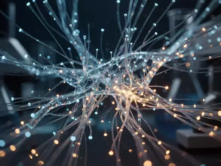 Abstrakte Darstellung komplexer Datennetzwerke durch leuchtende Glasfasern in einem Laborumfeld. - Foto: über boerse-global.de