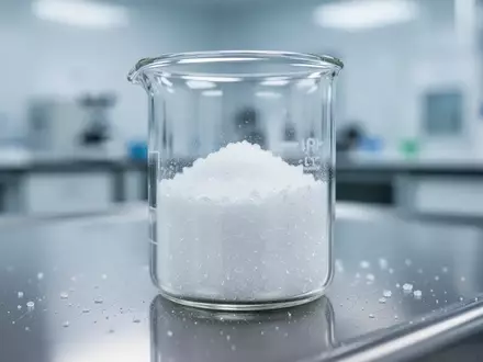 Nahaufnahme eines kristallinen Pulvers in einem Laborglas auf einer sterilen Edelstahloberfläche. - Foto: über boerse-global.de
