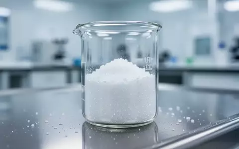 Nahaufnahme eines kristallinen Pulvers in einem Laborglas auf einer sterilen Edelstahloberfläche. - Foto: über boerse-global.de