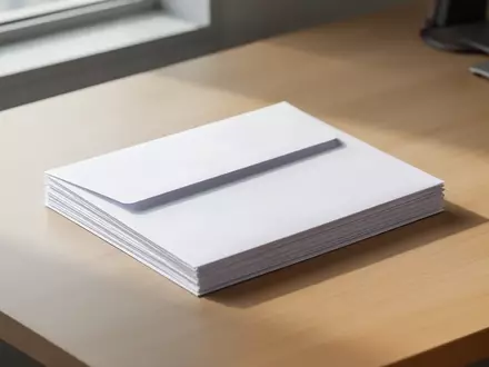Ein Stapel leerer, weißer Briefumschläge auf einem hellen Schreibtisch in einem hellen Büro. - Foto: über boerse-global.de