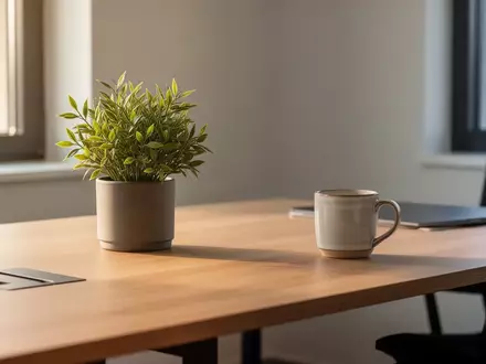 Ein minimalistischer, aufgeräumter Schreibtisch mit einer Pflanze und einer Kaffeetasse in natürlichem Licht. - Foto: über boerse-global.de