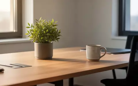 Ein minimalistischer, aufgeräumter Schreibtisch mit einer Pflanze und einer Kaffeetasse in natürlichem Licht. - Foto: über boerse-global.de
