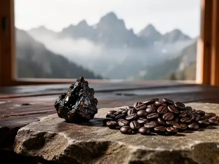 Ein dunkler Harzbrocken neben Kaffeebohnen auf einem Steintisch vor einem verschwommenen Bergpanorama. - Foto: über boerse-global.de
