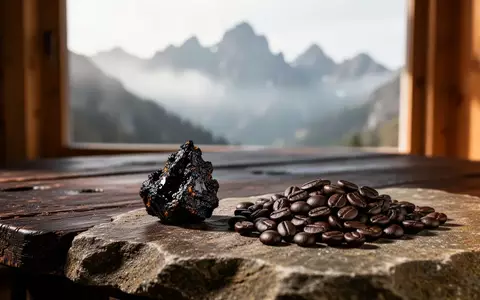 Ein dunkler Harzbrocken neben Kaffeebohnen auf einem Steintisch vor einem verschwommenen Bergpanorama. - Foto: über boerse-global.de