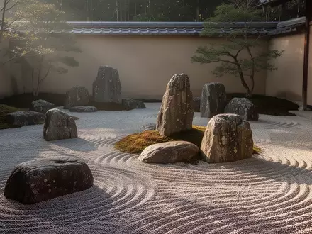 Ein minimalistischer Zen-Garten mit geharktem Kies und glatten Steinen in sanftem Morgenlicht. - Foto: über boerse-global.de