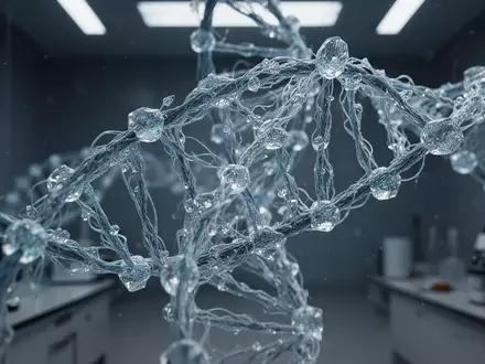 Abstrakte Darstellung einer DNA-Doppelhelix als leuchtendes, kristallines Modell in einer wissenschaftlichen Laborumgebung - Foto: über boerse-global.de