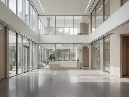 Heller, moderner Innenraum einer medizinischen Einrichtung mit großen Fensterflächen und neutraler Architektur. - Foto: über boerse-global.de