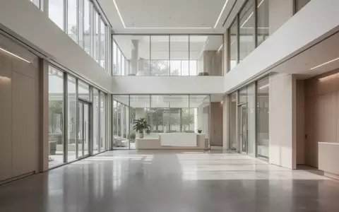 Heller, moderner Innenraum einer medizinischen Einrichtung mit großen Fensterflächen und neutraler Architektur. - Foto: über boerse-global.de