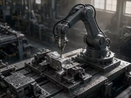 Ein moderner Roboterarm in einer industriellen Metallverarbeitungsanlage bei der Arbeit. - Foto: über boerse-global.de