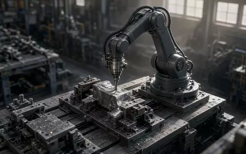Ein moderner Roboterarm in einer industriellen Metallverarbeitungsanlage bei der Arbeit. - Foto: über boerse-global.de
