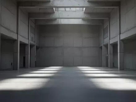 Ein minimalistischer, fensterloser Betonraum mit langen, symmetrischen Schatten auf dem Boden und kühlem, diffusem Licht. - Foto: über boerse-global.de