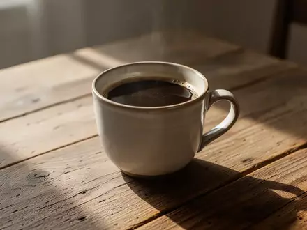 Eine Tasse schwarzer Kaffee auf einem Holztisch bei natürlichem Morgenlicht. - Foto: über boerse-global.de