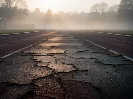 Eine leere, leicht verwitterte Laufbahn in der Morgendämmerung mit nebliger Atmosphäre. - Foto: über boerse-global.de
