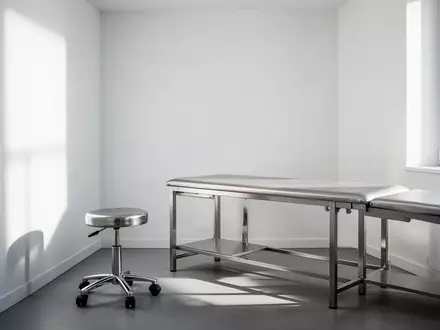 Ein leerer, minimalistischer Behandlungsraum in einer Arztpraxis mit einem Untersuchungstisch und medizinischem Mobiliar. - Foto: über boerse-global.de