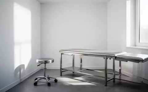 Ein leerer, minimalistischer Behandlungsraum in einer Arztpraxis mit einem Untersuchungstisch und medizinischem Mobiliar. - Foto: über boerse-global.de