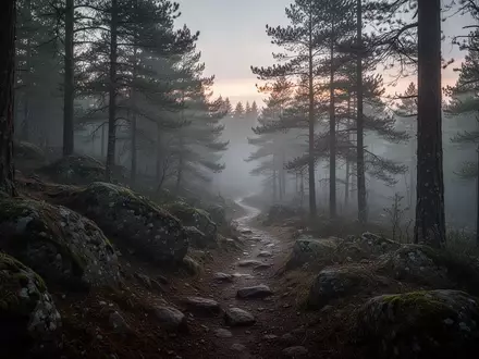 Ein nebliger Waldpfad bei Dämmerung in einer hügeligen Landschaft, der die Naturverbundenheit und Herausforderung bei Geländeläufen symbolisiert. - Foto: über boerse-global.de